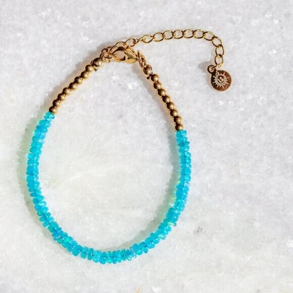 Blue Fire Opal Beaded Bracelet Gold Chain Waterproof Ethiopian Opal Bracelet - Picture 1 of 12